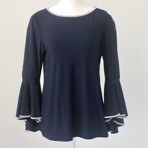 MSK Navy Blue Rhinestone-Trim Bell-Sleeve Formal Blouse Top Small